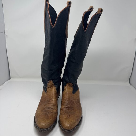 Tony Lama Brown Tan Black Leather Two Tone Tall Cowboy Boots US Size 5.5 - Picture 2 of 7